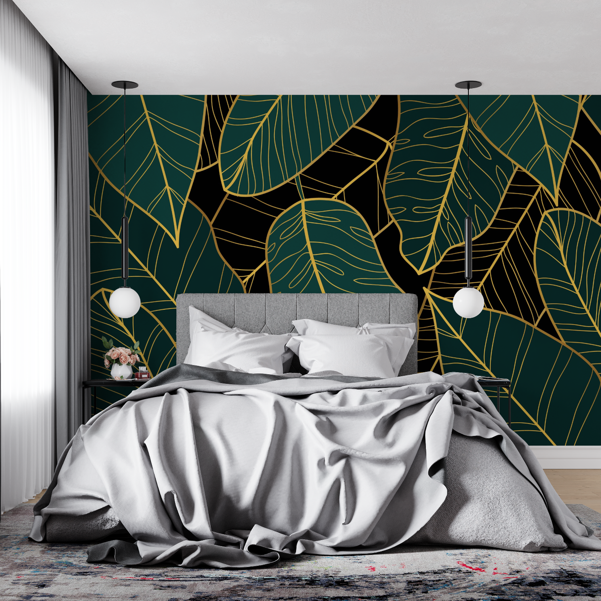 Tropical Mural Wallpaper | Emerald Green and Gold Leaves Pattern