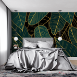 Tropical Mural Wallpaper | Emerald Green and Gold Leaves Pattern
