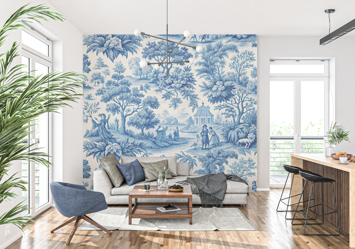 Vintage Mural Wallpaper | Blue Toile de Jouy Pastoral Scene