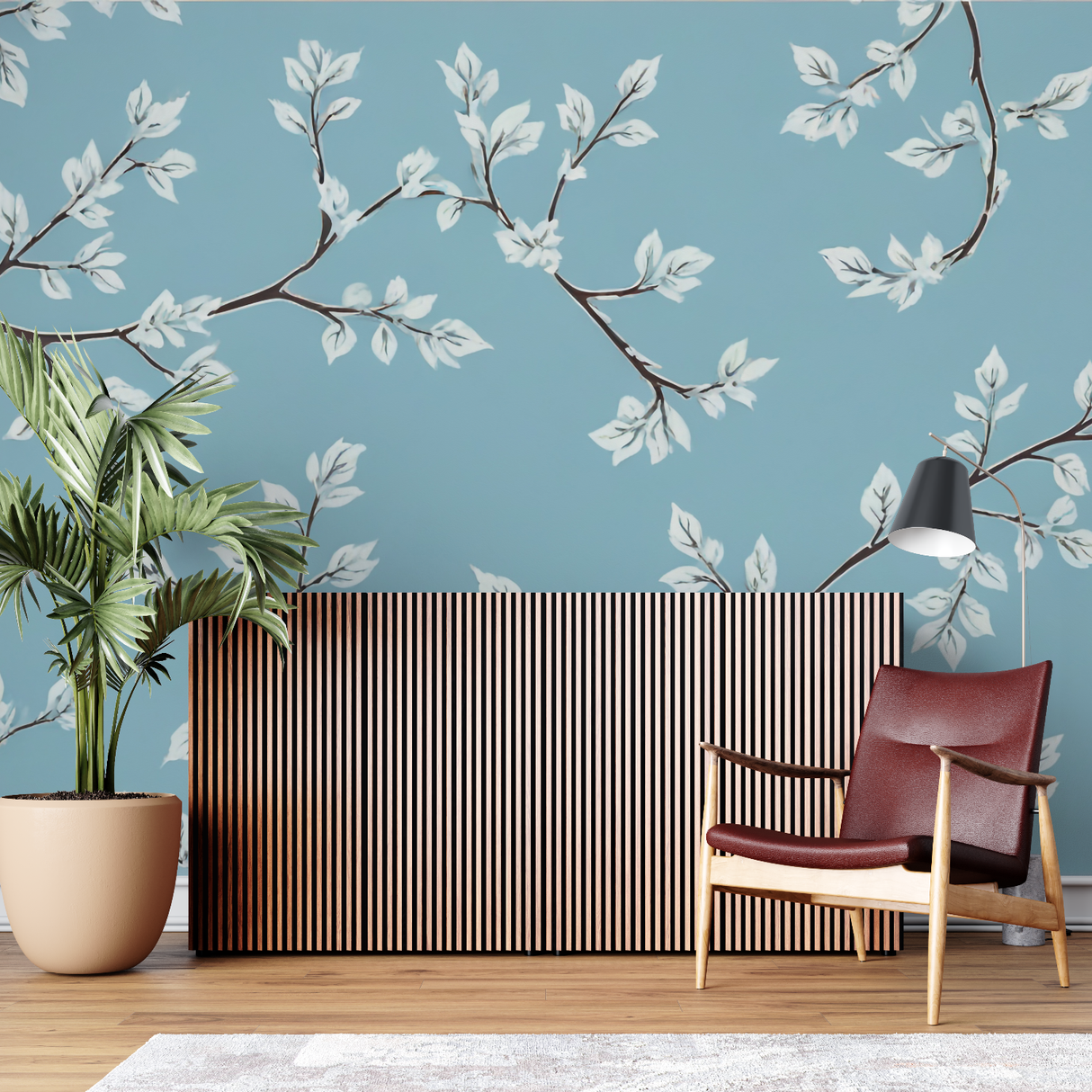 Floral Mural Wallpaper | White Leaves on Blue Background