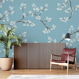 Floral Mural Wallpaper | White Leaves on Blue Background