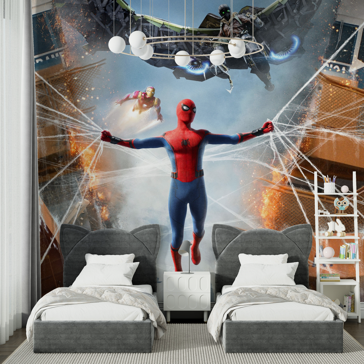 Superhero Mural Wallpaper | Spider-Man Battle Scene with Iron Man