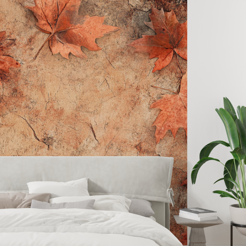Nature Mural Wallpaper | Terracotta Maple Leaves with Aged Effect