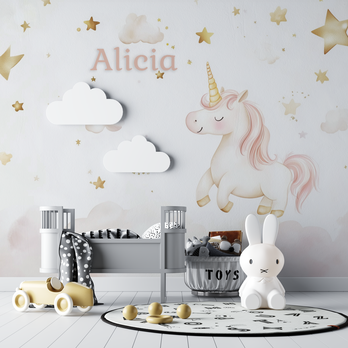 Unicorn Mural Wallpaper | Personalized Pink and Gold Stars Design