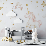 Unicorn Mural Wallpaper | Personalized Pink and Gold Stars Design