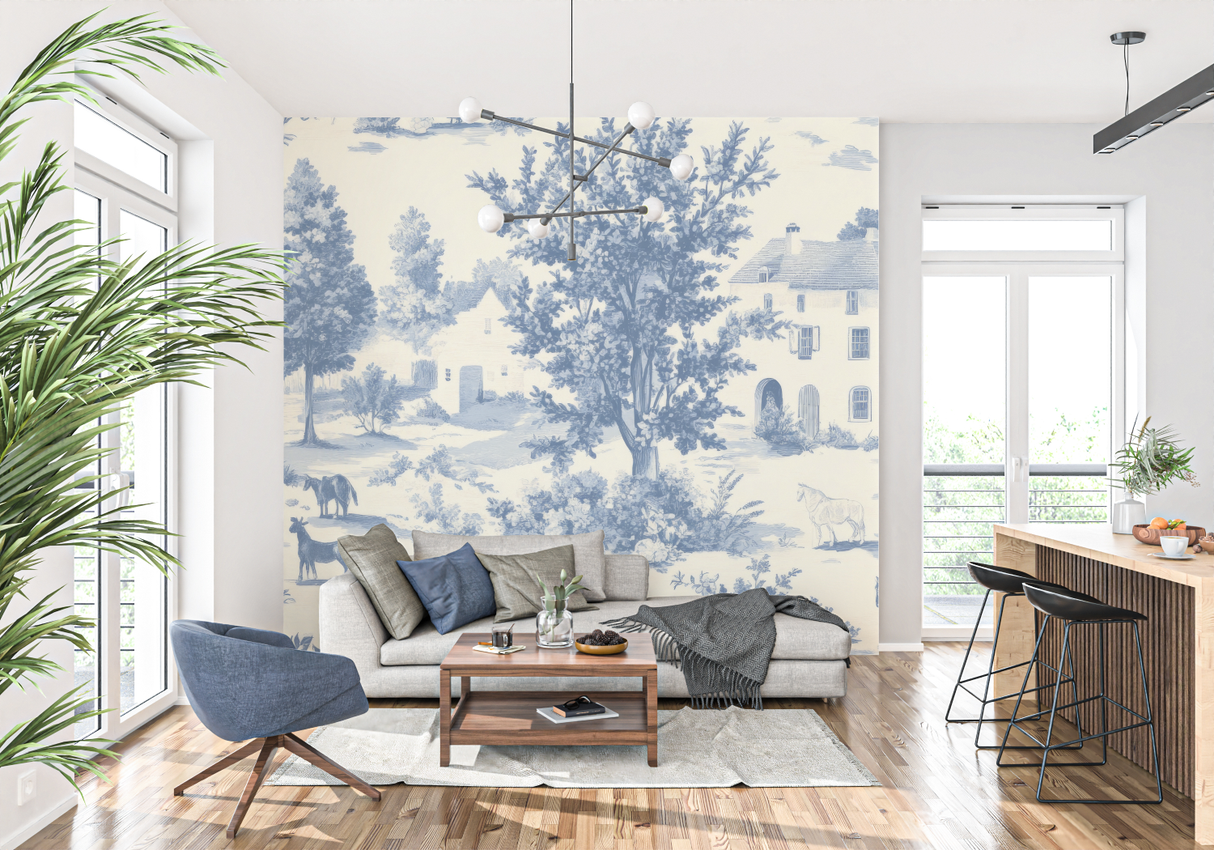 Toile de Jouy Mural Wallpaper | Classic Blue Pastoral Scene