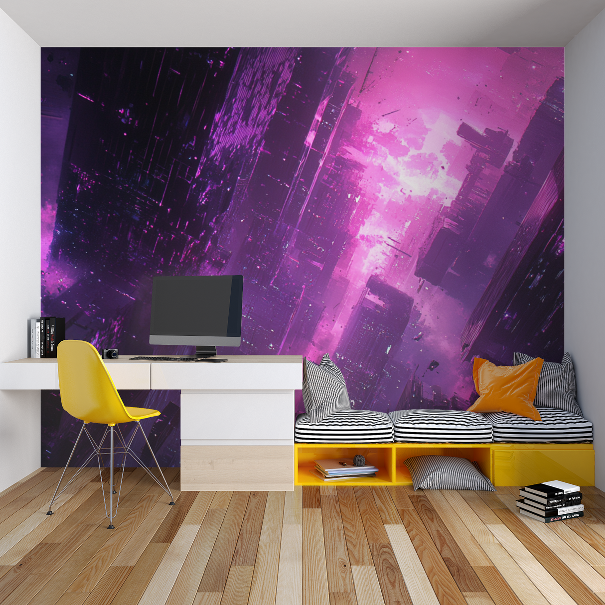 Gaming Mural Wallpaper | Neon Purple Cyberpunk City