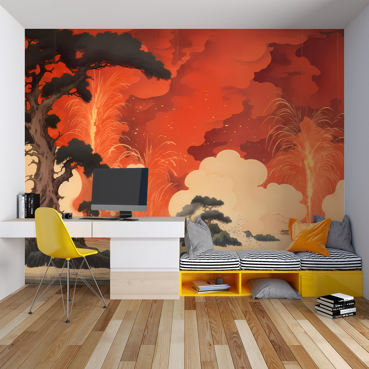 Volcano Mural Wallpaper | Japanese Red Landscape Art