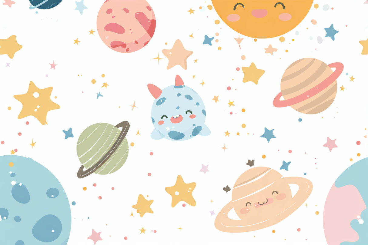 Space Mural Wallpaper | Cute Planets and Stars Design