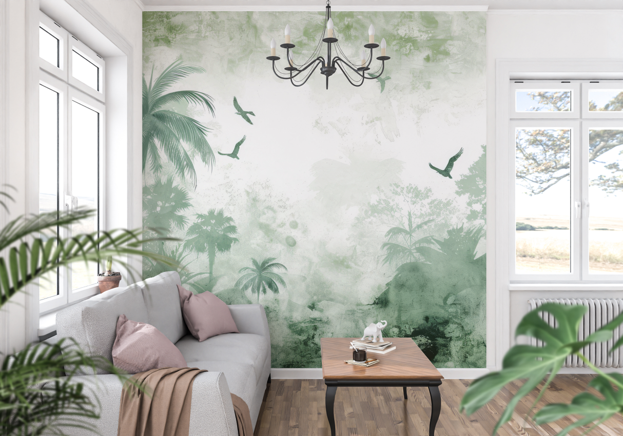 Tropical Mural Wallpaper | Misty Green Palm Paradise