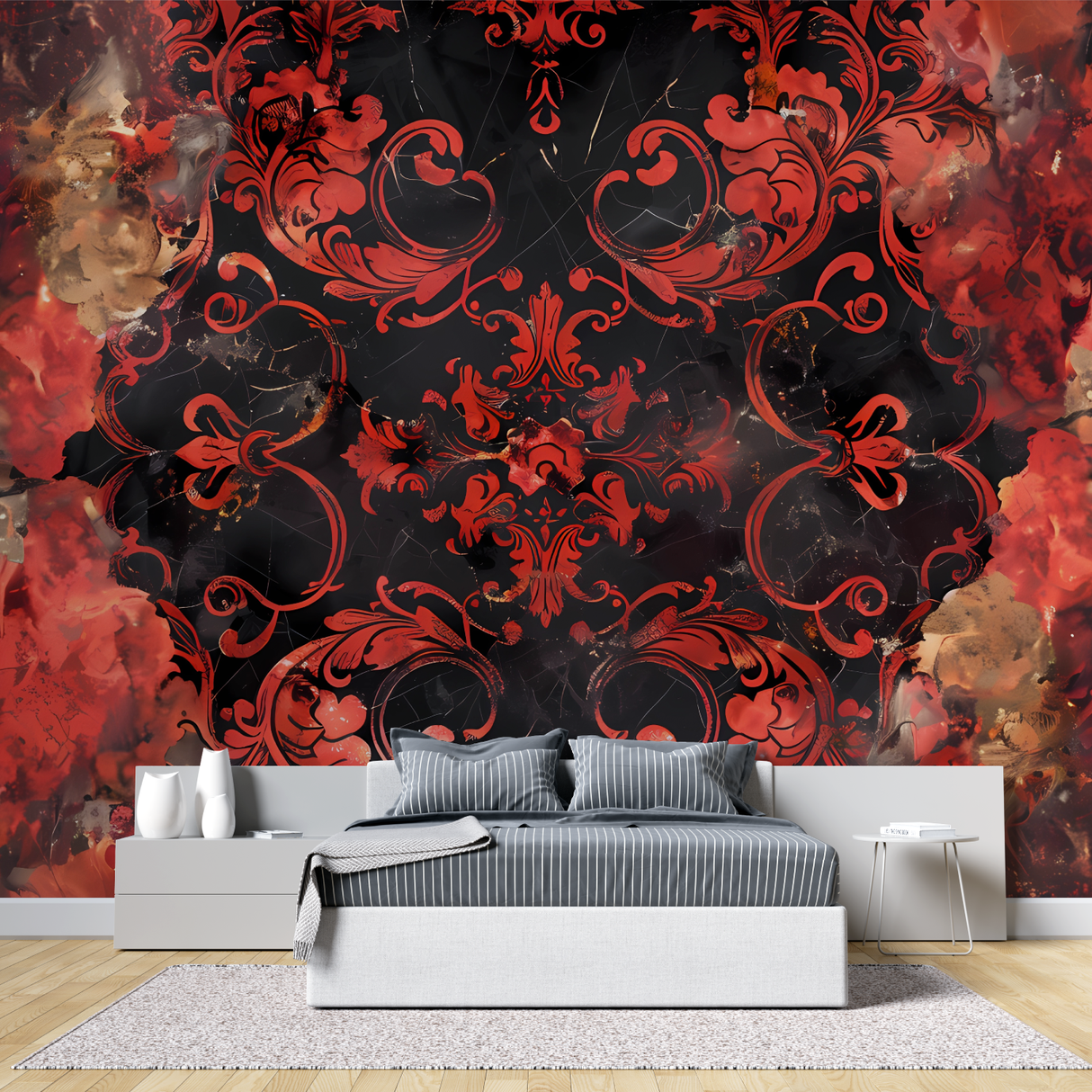 Baroque Mural Wallpaper | Red and Black Damask Pattern