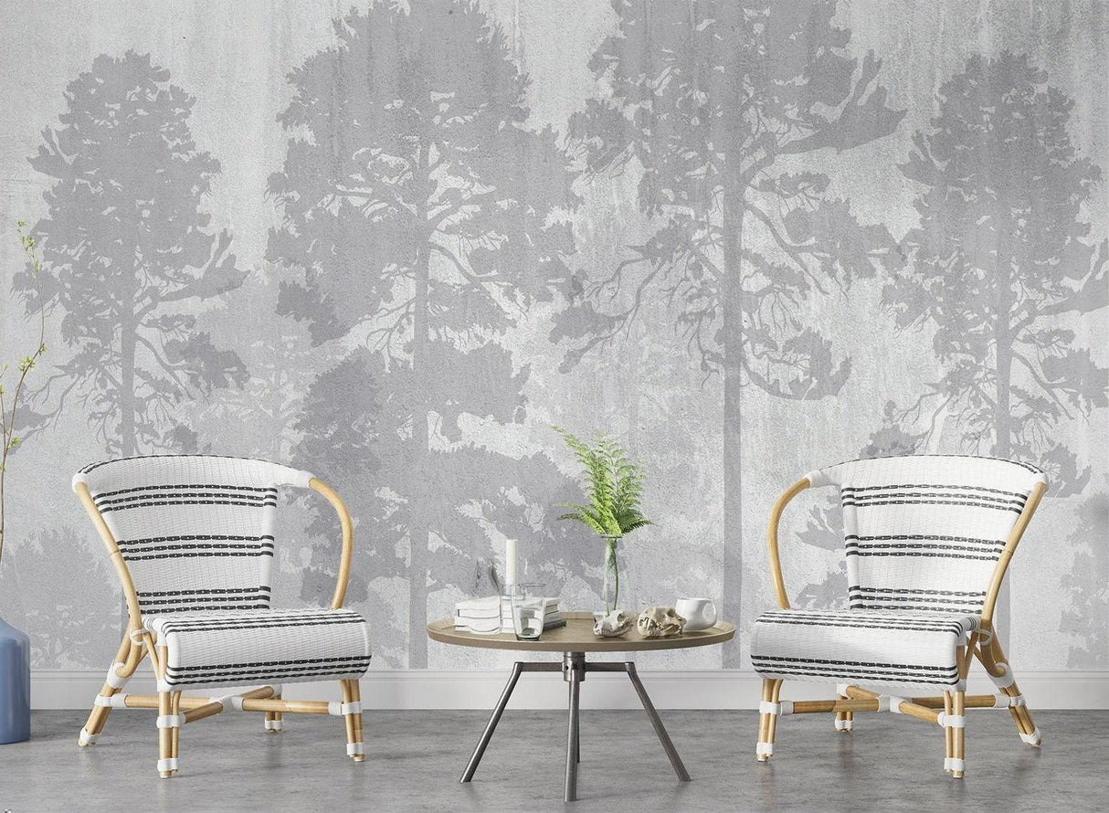 Forest Mural Wallpaper | Misty Pine Trees in Grey