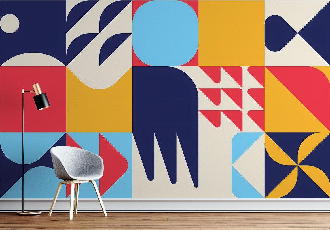 Geometric Mural Wallpaper | Modern Art Deco Design in Blue Red and Yellow