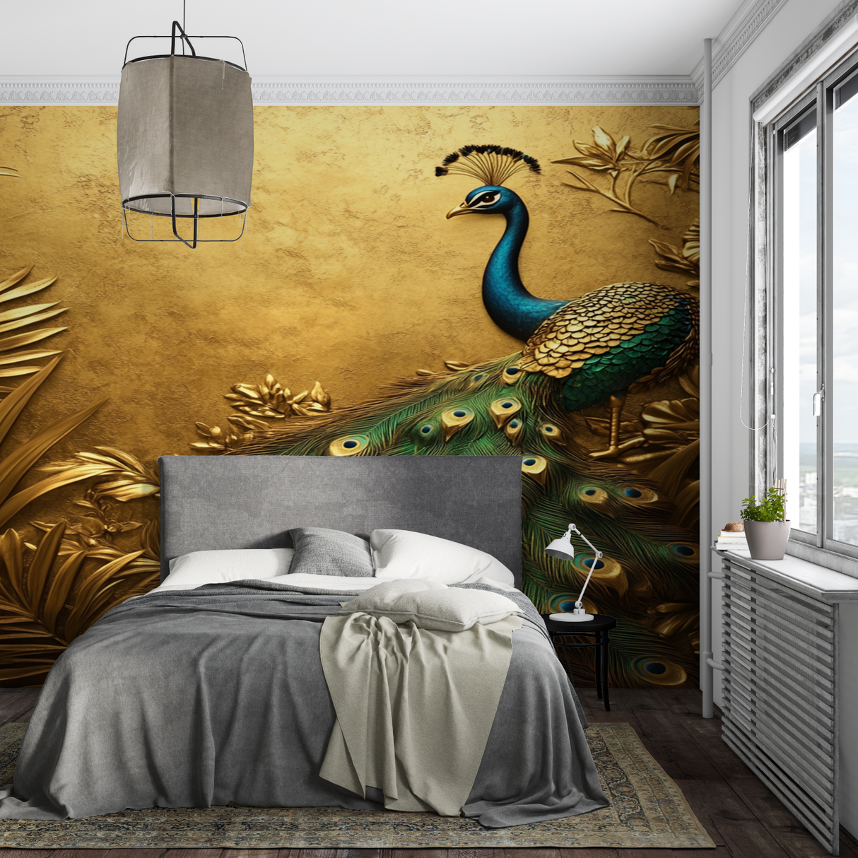 Peacock Mural Wallpaper | Luxury Gold and Emerald Design