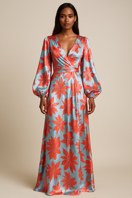 Floral Maxi Dress  Green Botanical V-Neck Design with Balloon Sleeves - Product example