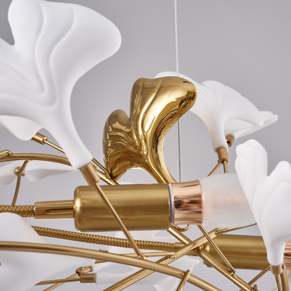 Ginkgo Leaf Chandelier  Brass and White Floral Design - Product detail 16