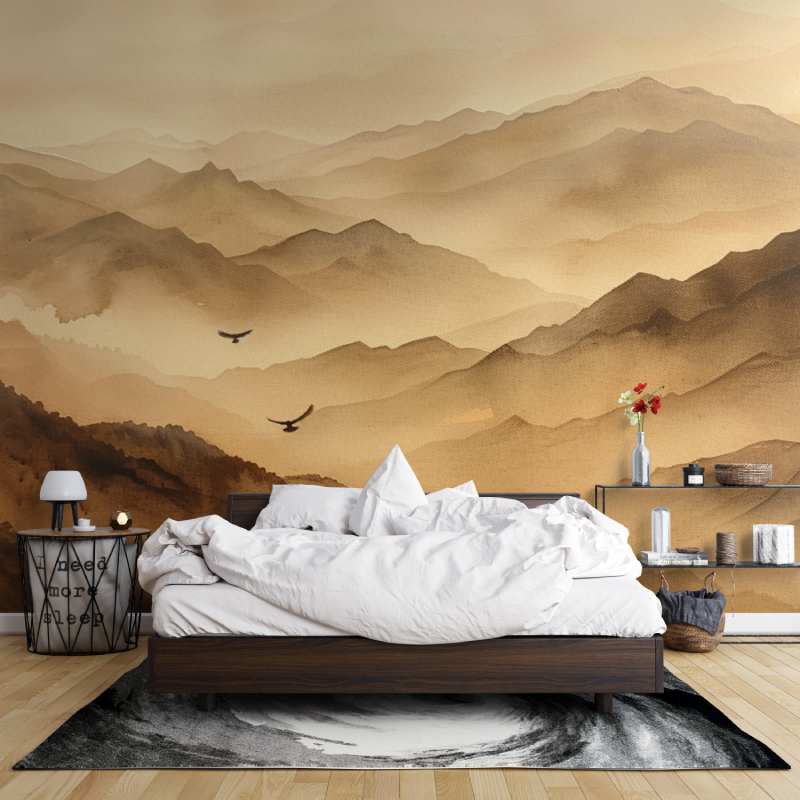 Mountain Mural Wallpaper | Misty Peaks in Terracotta Tones