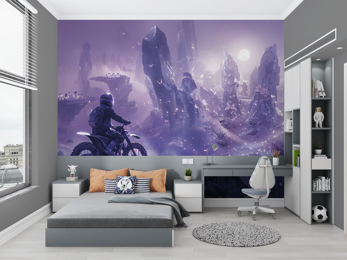 Sports Mural Wallpaper | Motocross Adventure in Purple Galaxy