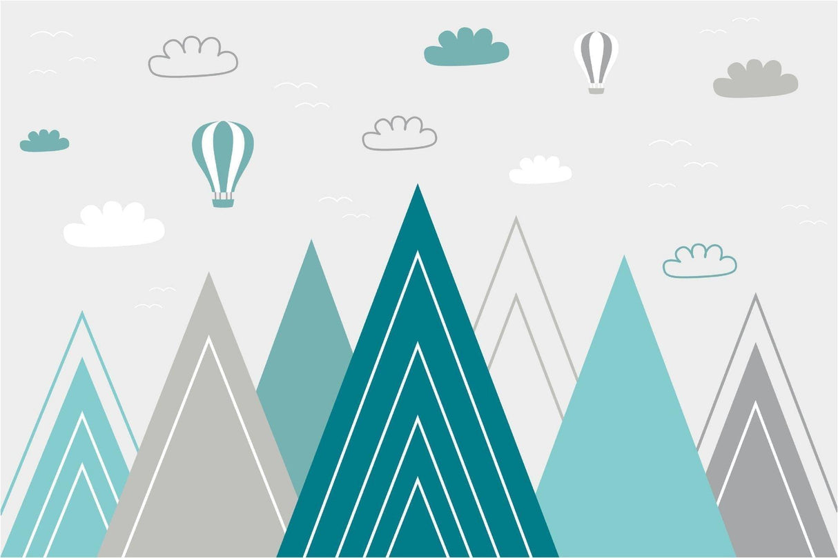 Mountain Mural Wallpaper | Turquoise Peaks with Hot Air Balloons