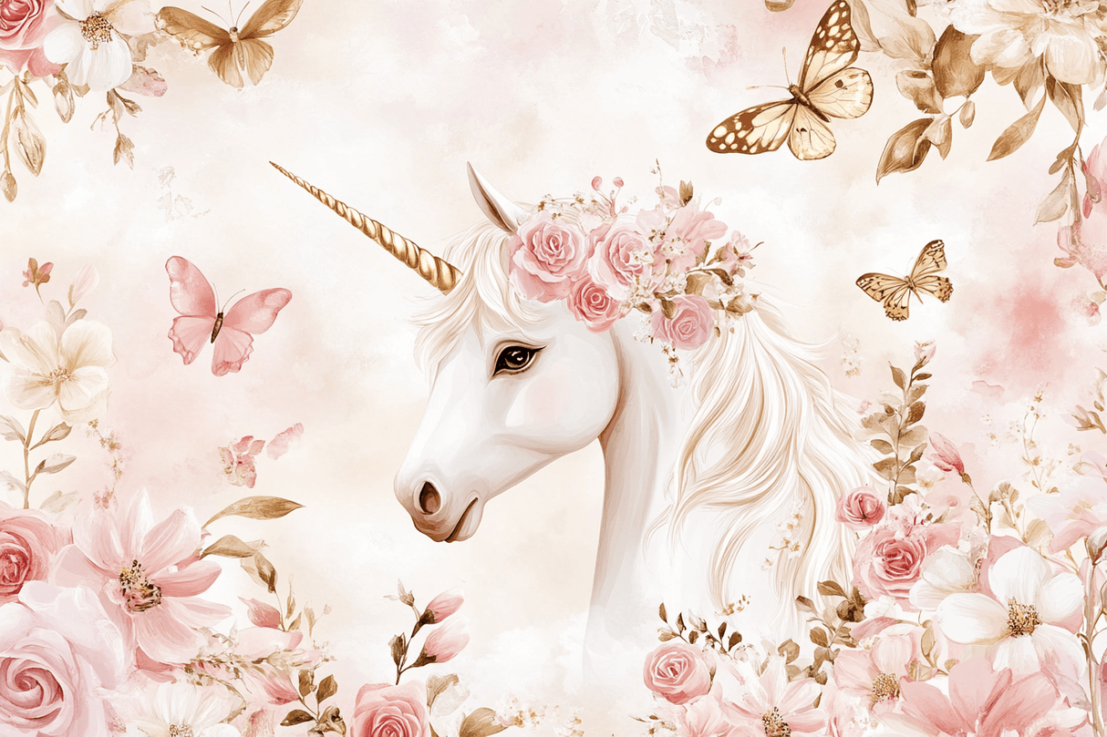 Unicorn Mural Wallpaper | Floral Fantasy with Butterflies