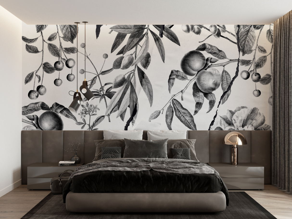 Botanical Mural Wallpaper | Black and White Vintage Fruit Design
