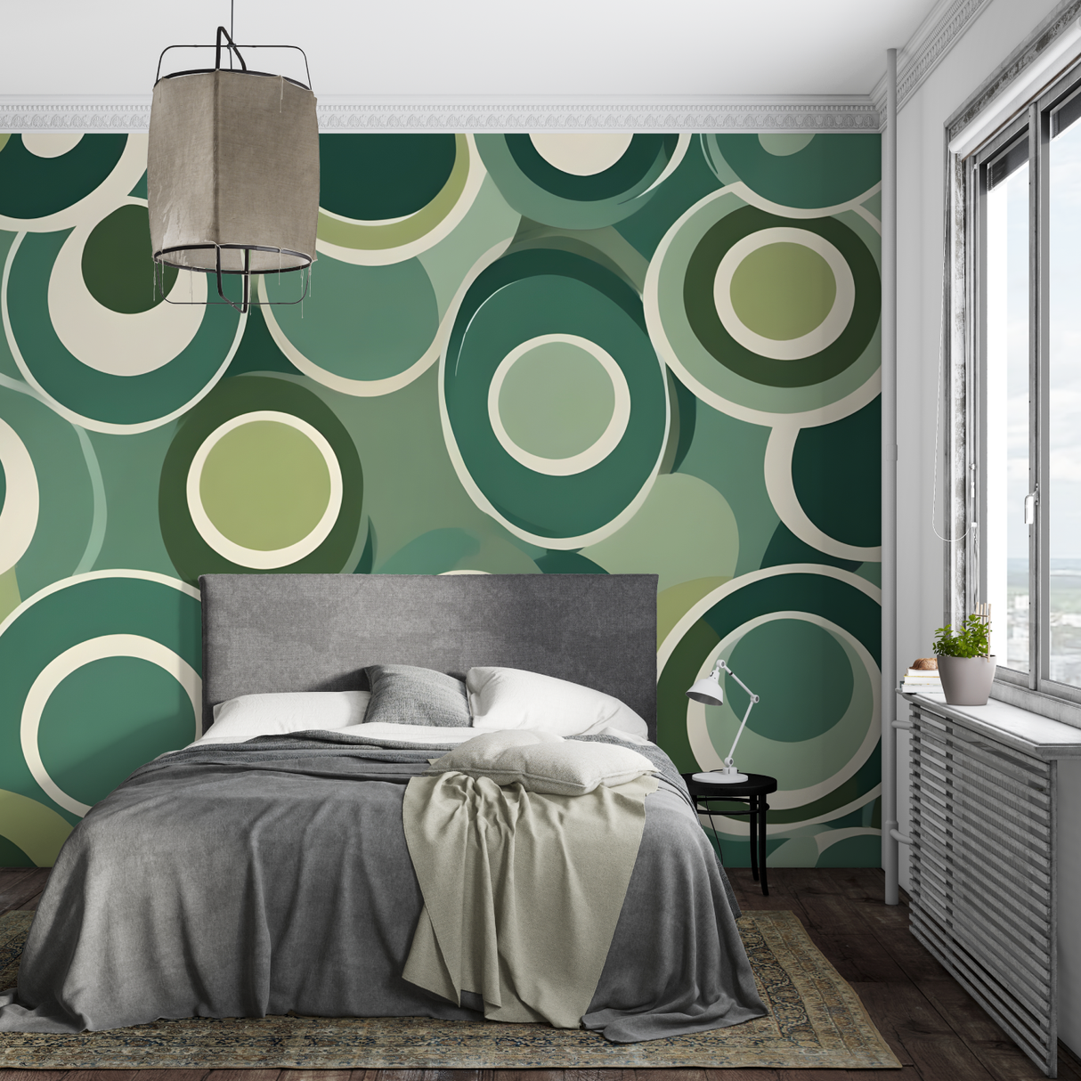 Geometric Mural Wallpaper | Retro Green Circles Pattern
