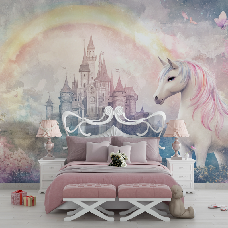 Princess Mural Wallpaper | Magical Unicorn and Castle with Rainbow