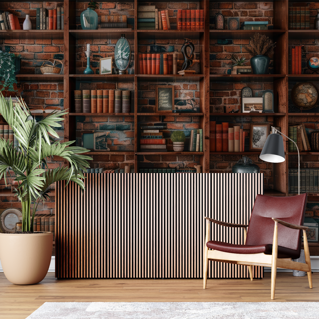 Library Mural Wallpaper | Vintage Bookshelf With Brick Wall