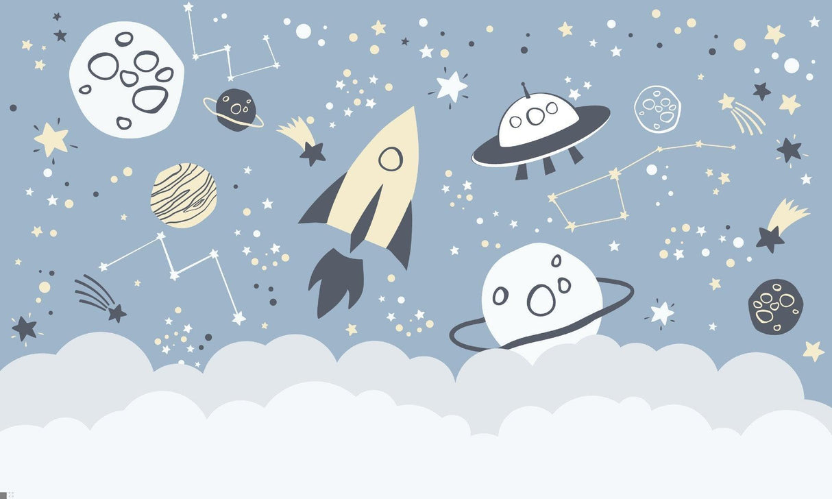 Space Mural Wallpaper | Galaxy Adventure with Rockets and UFOs