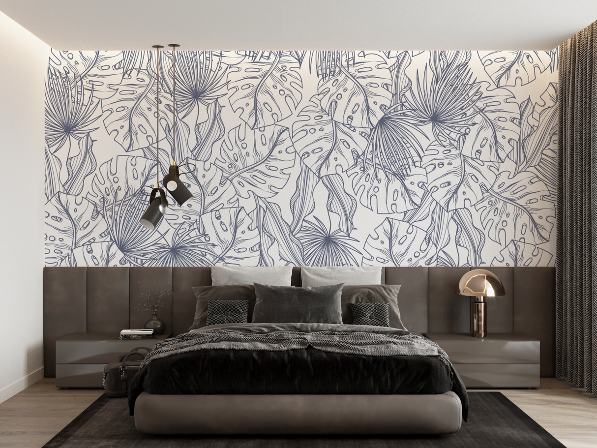 Tropical Line Art Mural Wallpaper | Blue Palm and Monstera Pattern