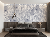 Tropical Line Art Mural Wallpaper | Blue Palm and Monstera Pattern