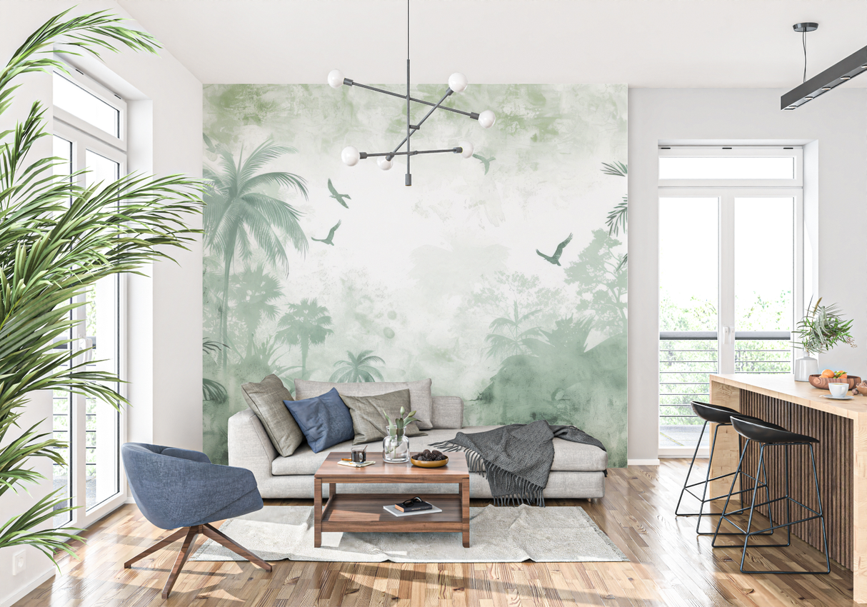 Tropical Mural Wallpaper | Misty Green Palm Paradise