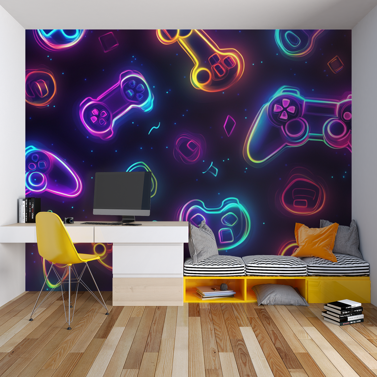 Gaming Mural Wallpaper | Neon Controllers Design