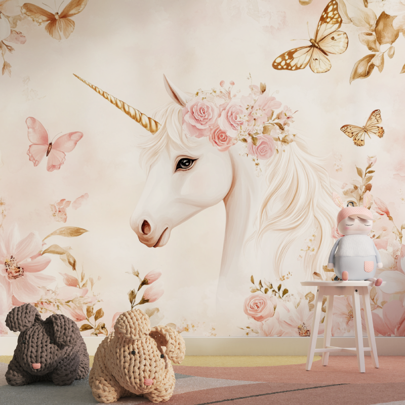 Unicorn Mural Wallpaper | Floral Fantasy with Butterflies