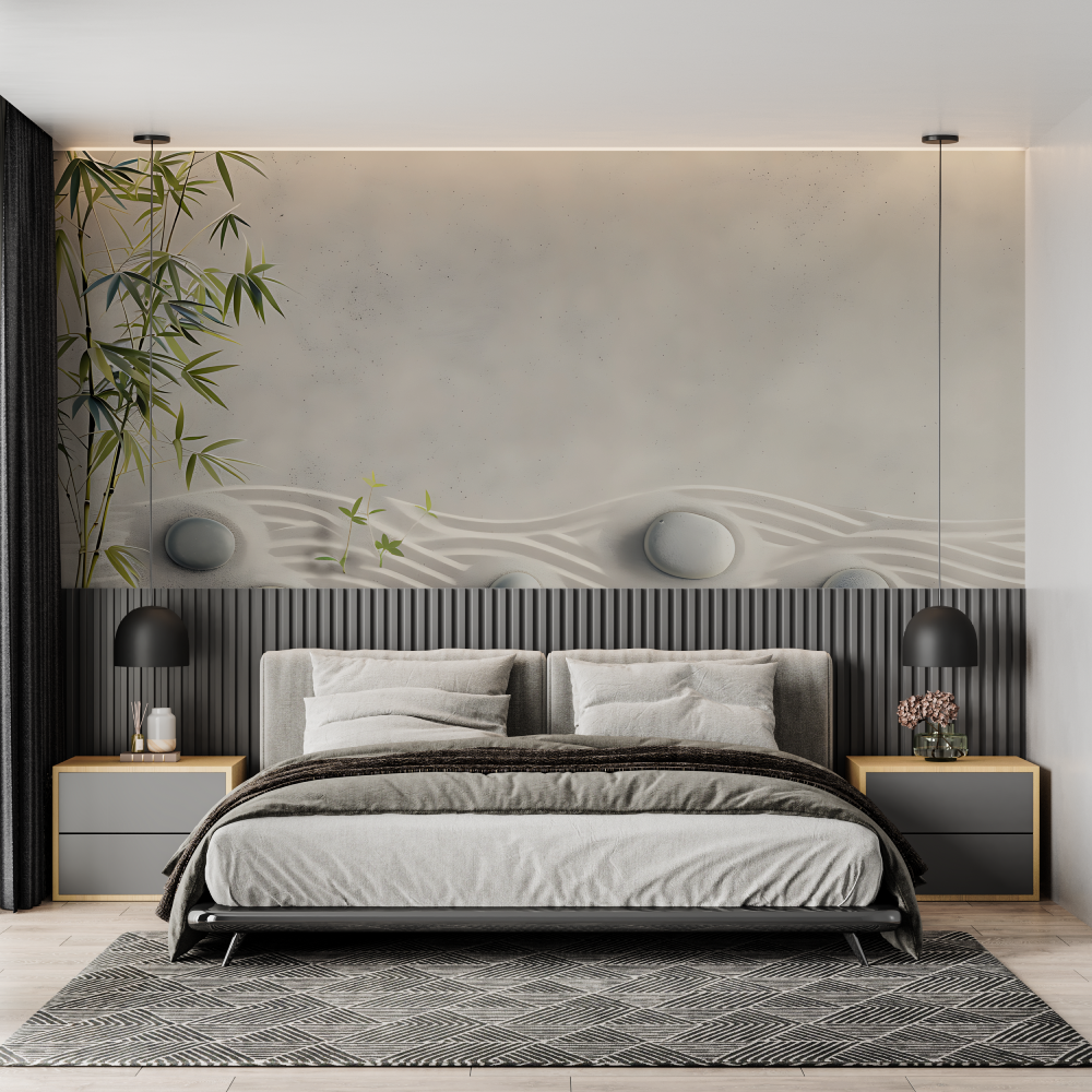 Bamboo Mural Wallpaper | Zen Garden with Stone Waves
