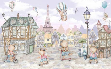 Papier Peint Mural Enfants Paris | Aventure Fantaisiste avec des Ours en Peluche