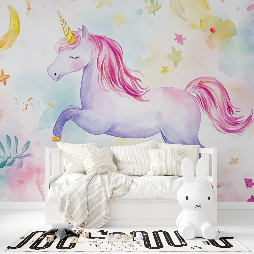 Unicorn Mural Wallpaper | Magical Watercolor with Stars and Moon