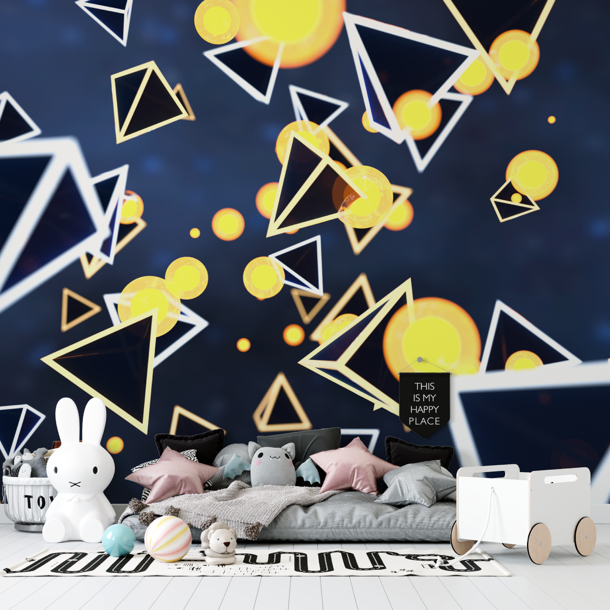 Geometric Mural Wallpaper | Modern Yellow and Navy Design