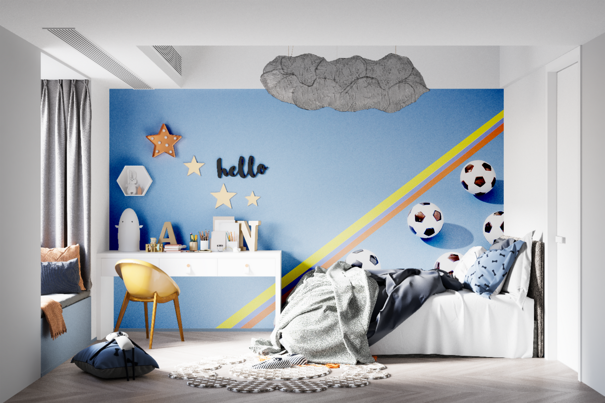 Football Mural Wallpaper | Blue Sporty Design with Rainbow Lines