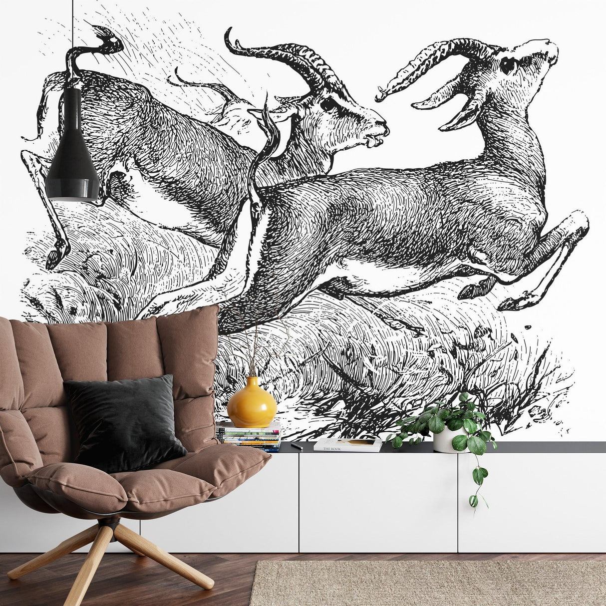 Wildlife Mural Wallpaper | Vintage Black and White Gazelle Sketch
