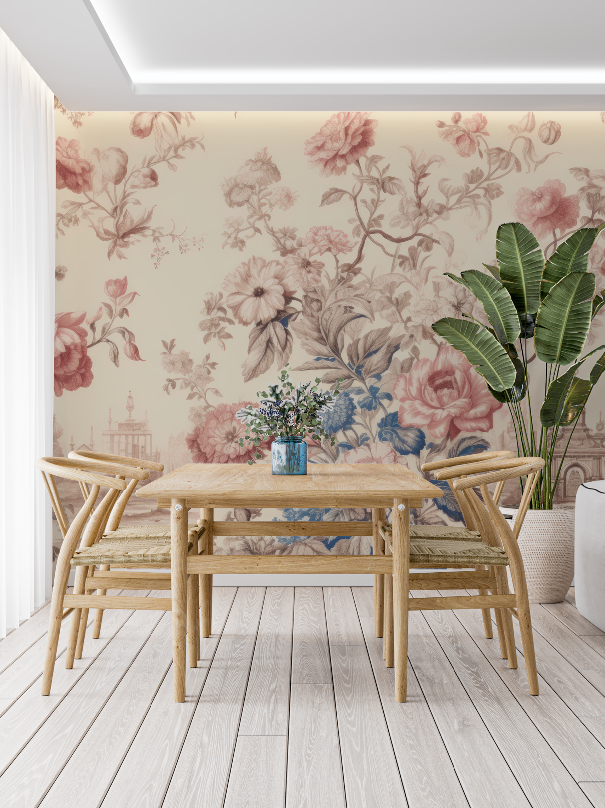 Vintage Floral Mural Wallpaper | French Toile de Jouy Blue and Pink