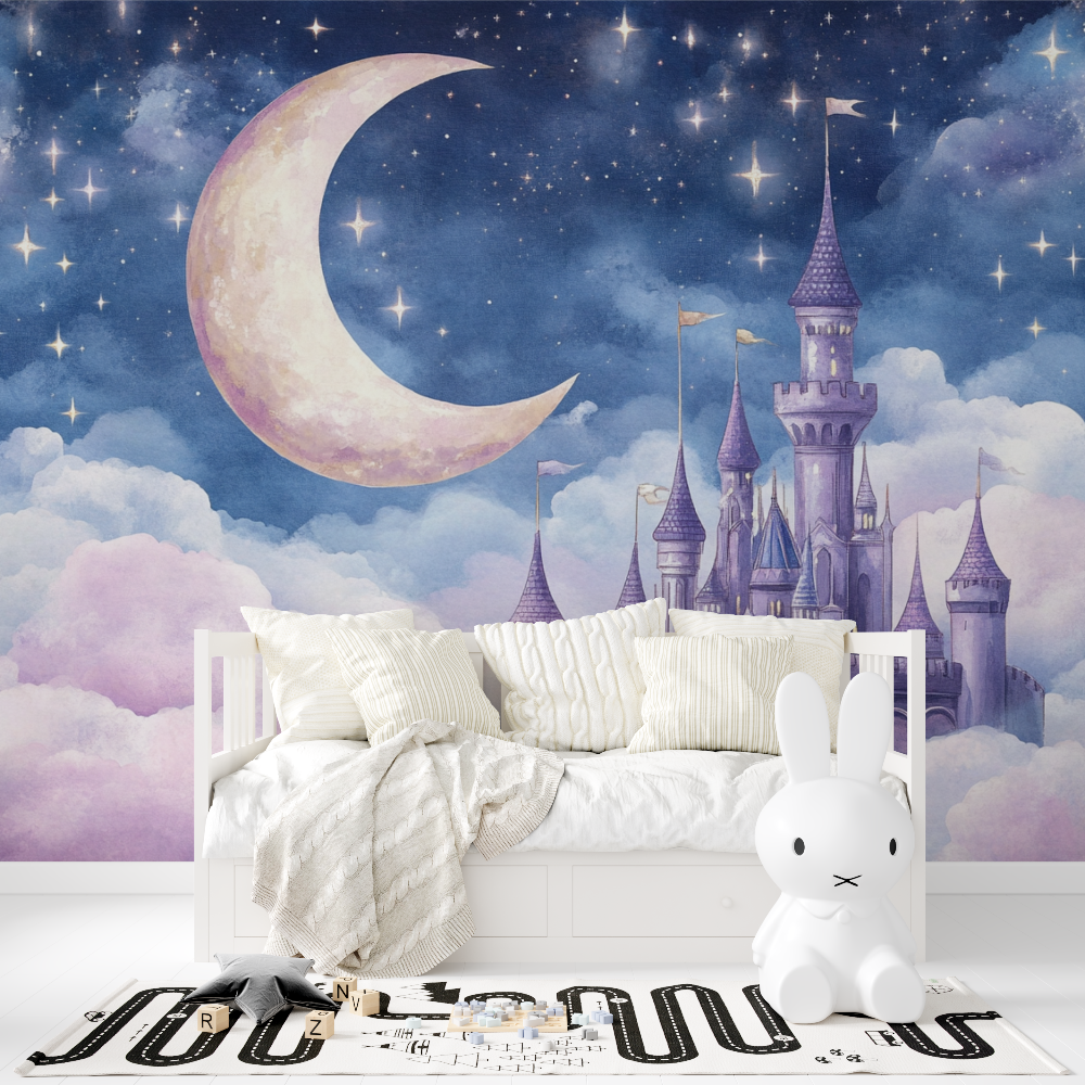 Castle Mural Wallpaper | Enchanted Night with Moon and Stars