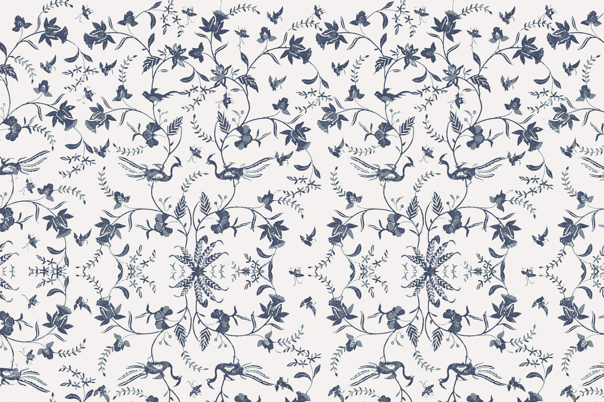 Floral Mural Wallpaper | Blue Birds and Flowers Pattern