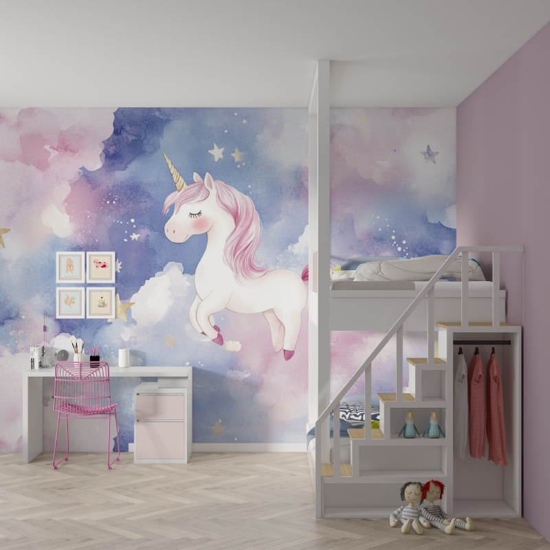 Unicorn Mural Wallpaper | Dreamy Pink and Blue Starry Sky