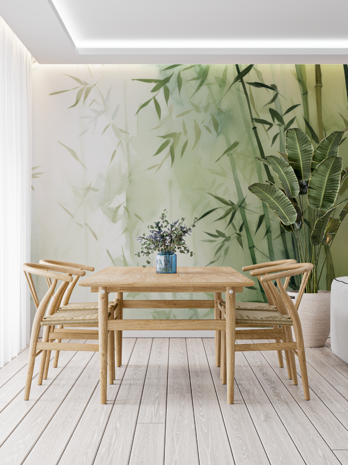 Bamboo Mural Wallpaper | Zen Green Watercolor Design