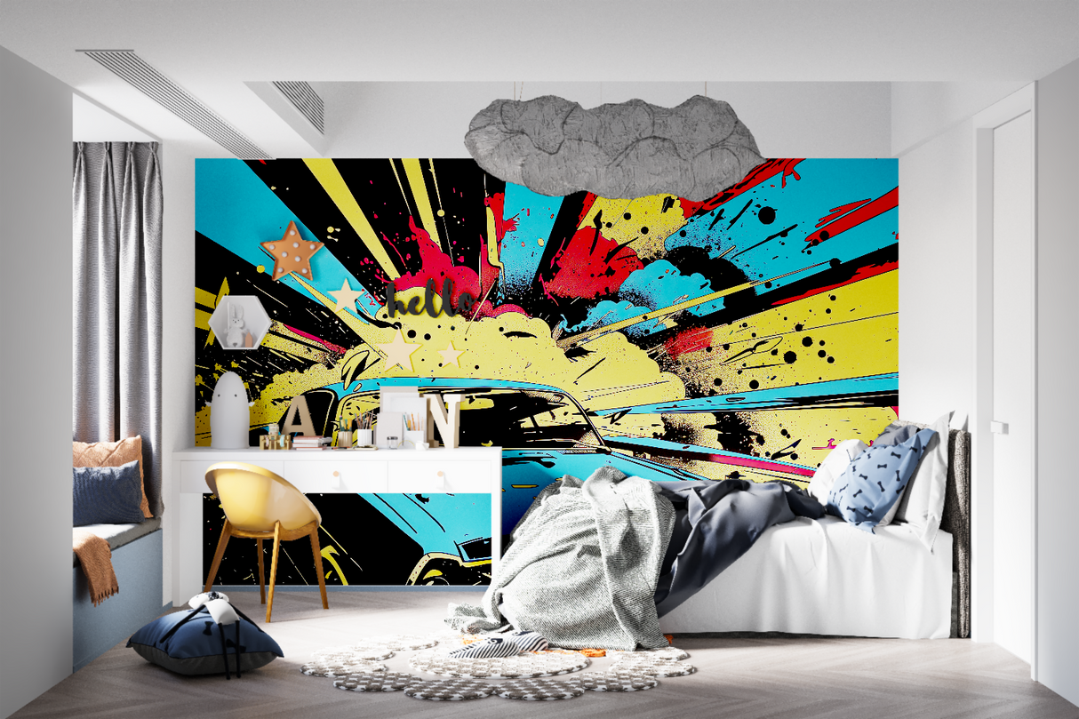 Street Art Mural Wallpaper | Dynamic Car Graffiti Explosion