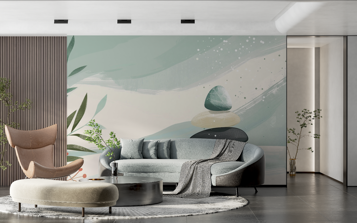 Zen Mural Wallpaper | Balanced Stones and Mint Design