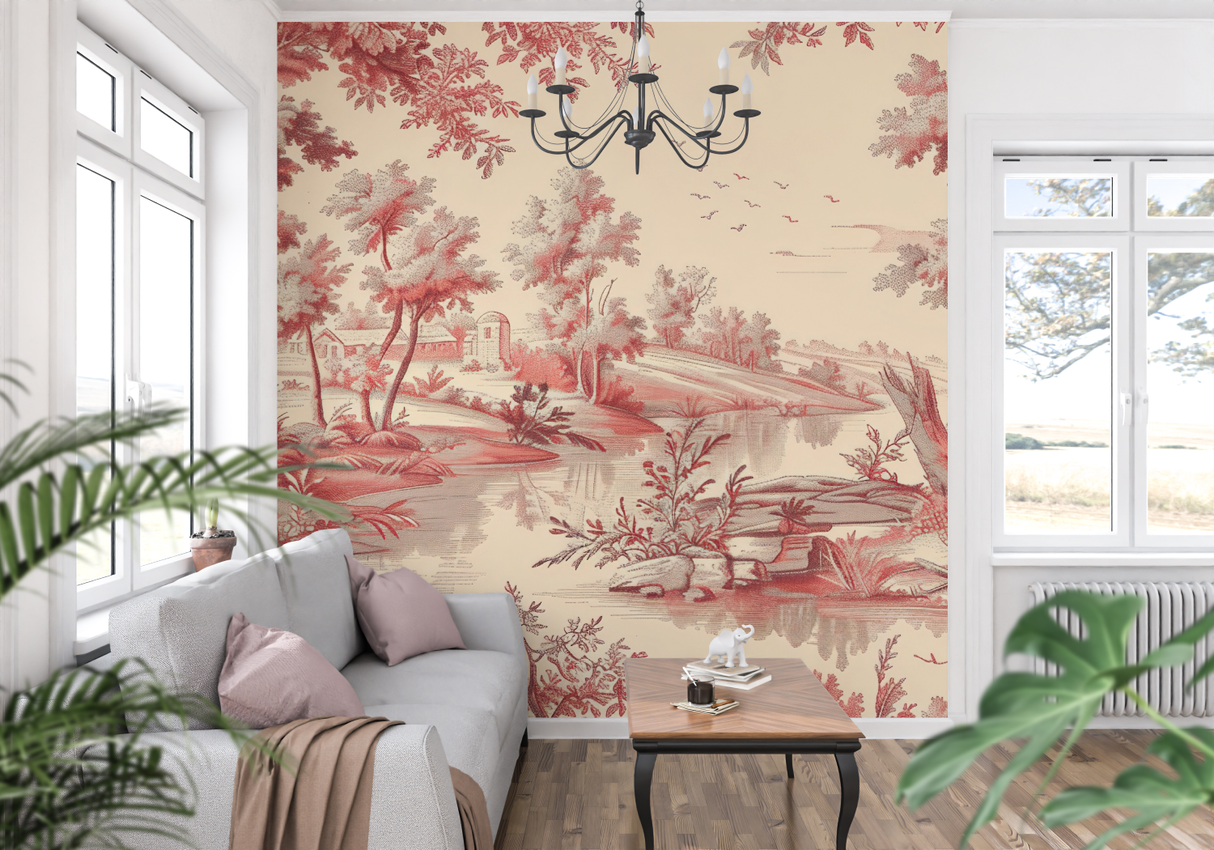 Toile de Jouy Mural Wallpaper | Classic French Countryside Scene in Red
