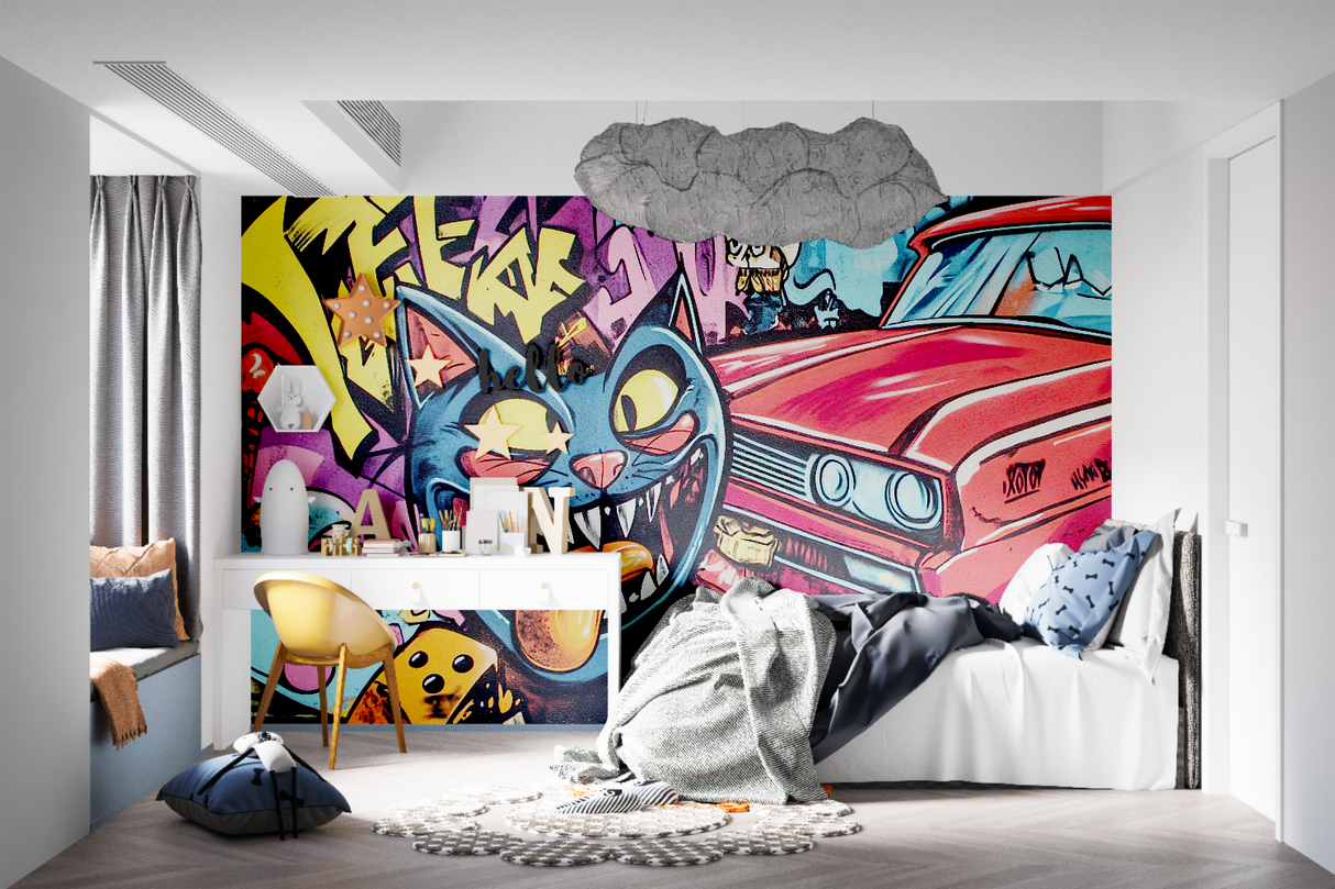 Street Art Mural Wallpaper | Urban Graffiti Cat and Classic Car