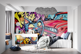 Street Art Mural Wallpaper | Urban Graffiti Cat and Classic Car